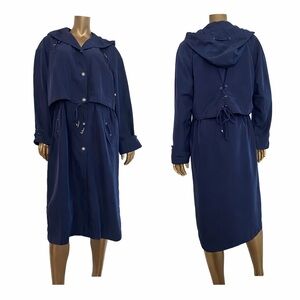 Vintage American Bazaar Navy Blue Hooded Trench Coat drawstring cinch waist, 10